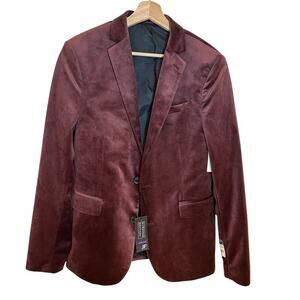 JF J. Ferrar Evening Edition Super Slim Velvet Blazer Jacket Merlot Red 40R